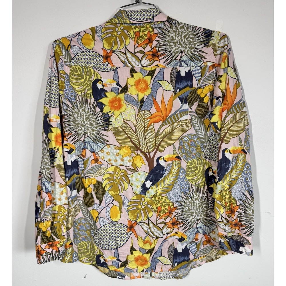 J. McLaughlin Tropical Toucan Long Sleeve Button Up Shirt Sz M Stretch Coastal - Picture 2 of 9